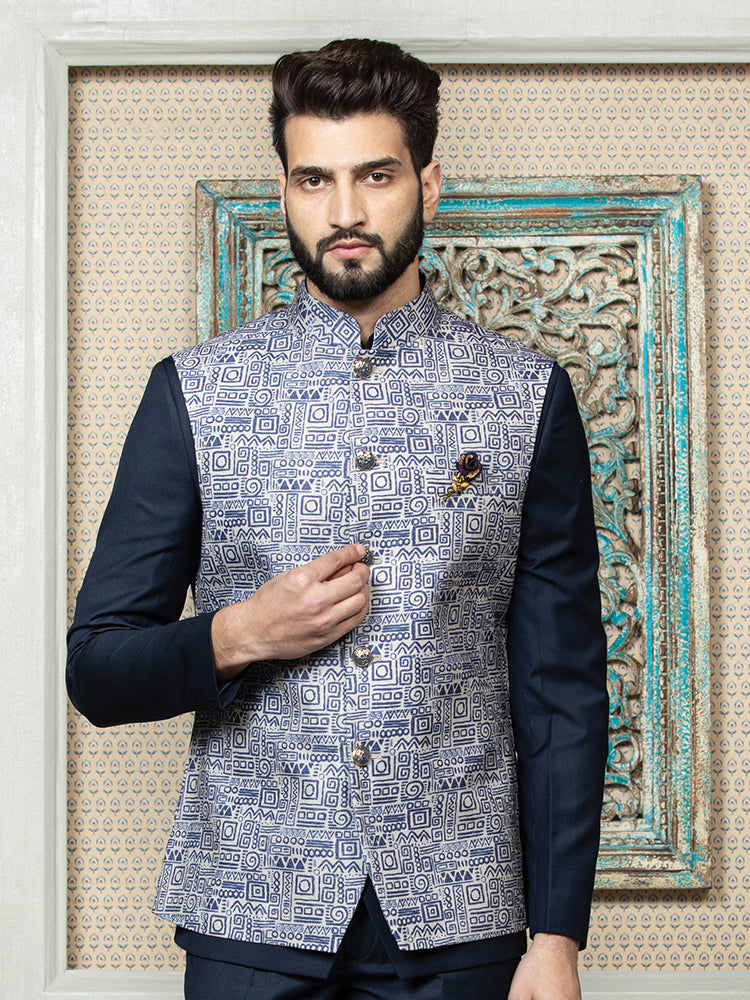 Blue Safari Waist Coat Set with Printed Jacket