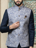 Blue Safari Waist Coat Set with Printed Jacket