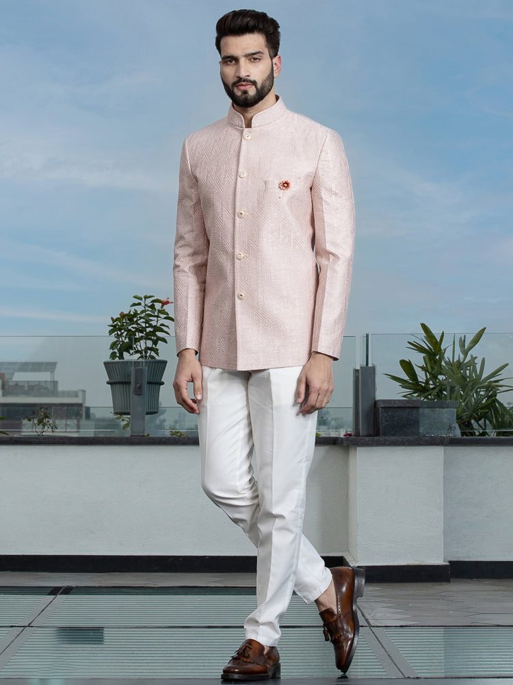 Peach Embroidered Bandhgala Set with Formal Trouser