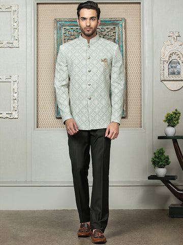 Aqua Embroidered Bandhgala Set with Formal Trouser