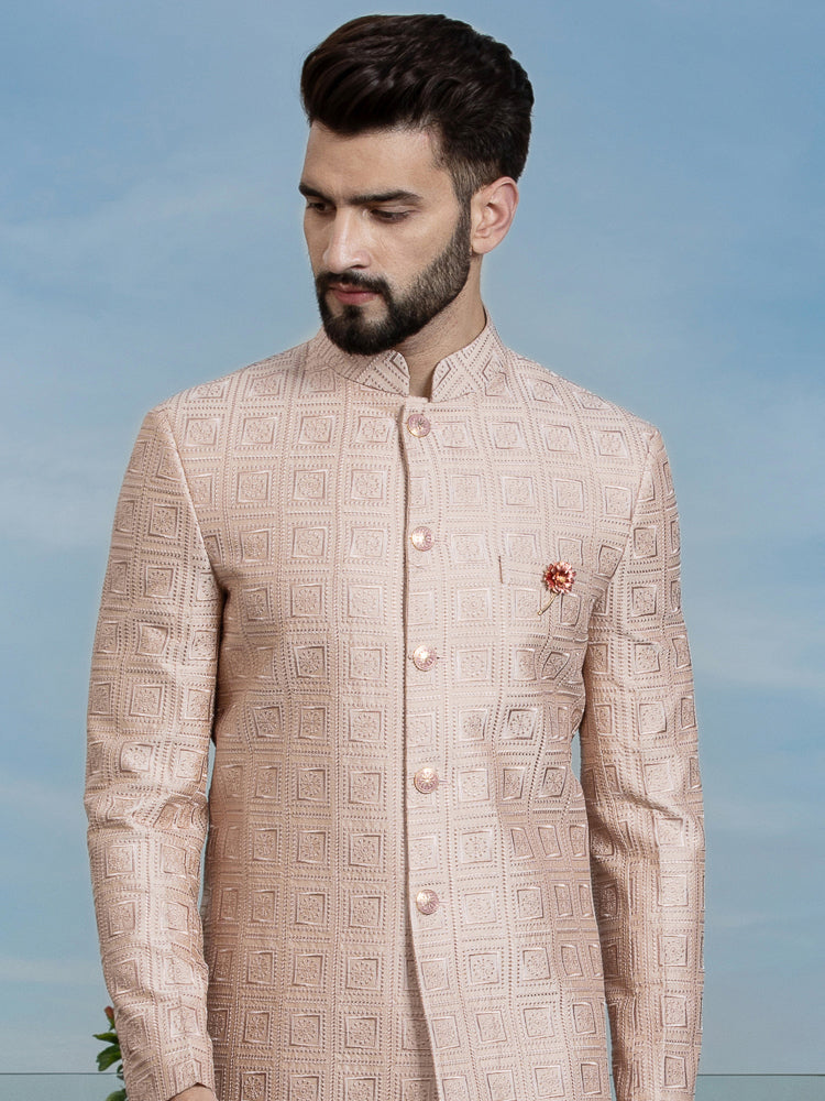 Peach Embroidered Bandhgala Set with Formal Trouser