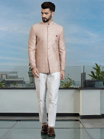 Peach Embroidered Bandhgala Set with Formal Trouser