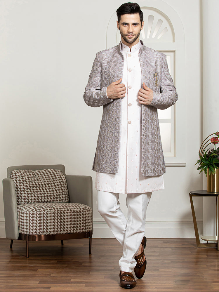 Mauve Sherwani Set with Embroidered Kurta & Long Jacket