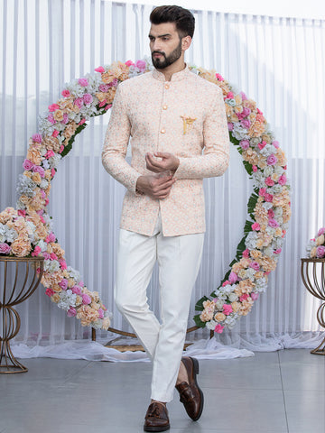 Peach Embroidered Bandhgala Set with Formal Trouser