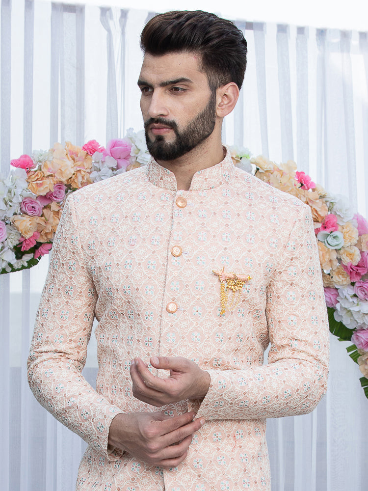 Peach Embroidered Bandhgala Set with Formal Trouser