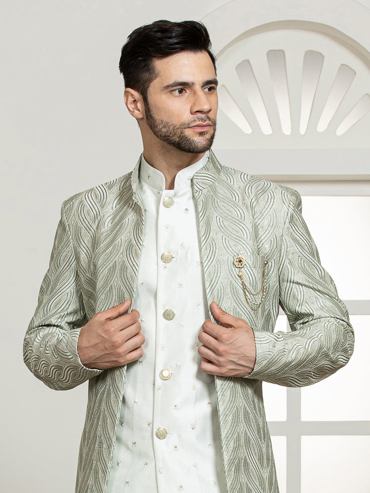 Pista Green Set with Embroidered Kurta & Long Jacket