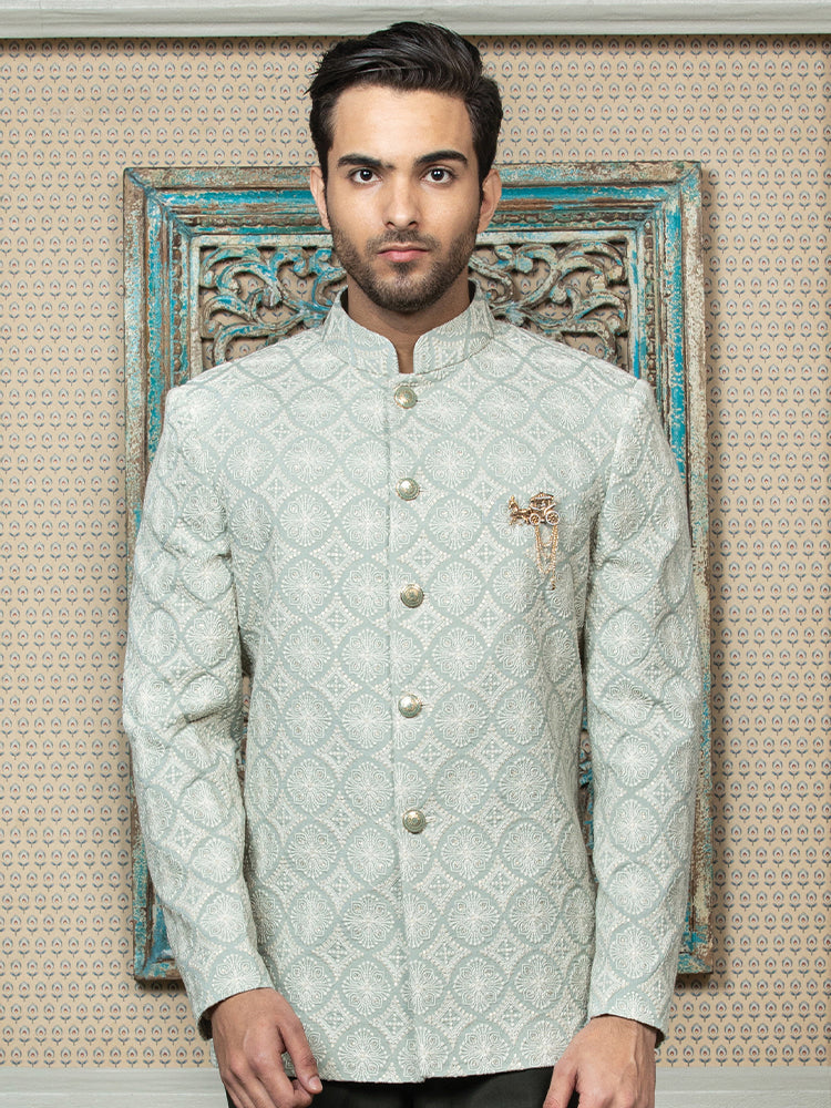 Aqua Embroidered Bandhgala Set