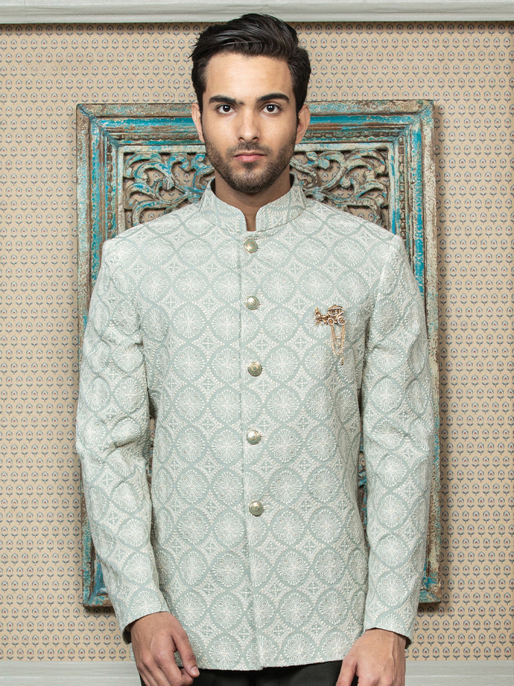Aqua Embroidered Bandhgala Set with Formal Trouser