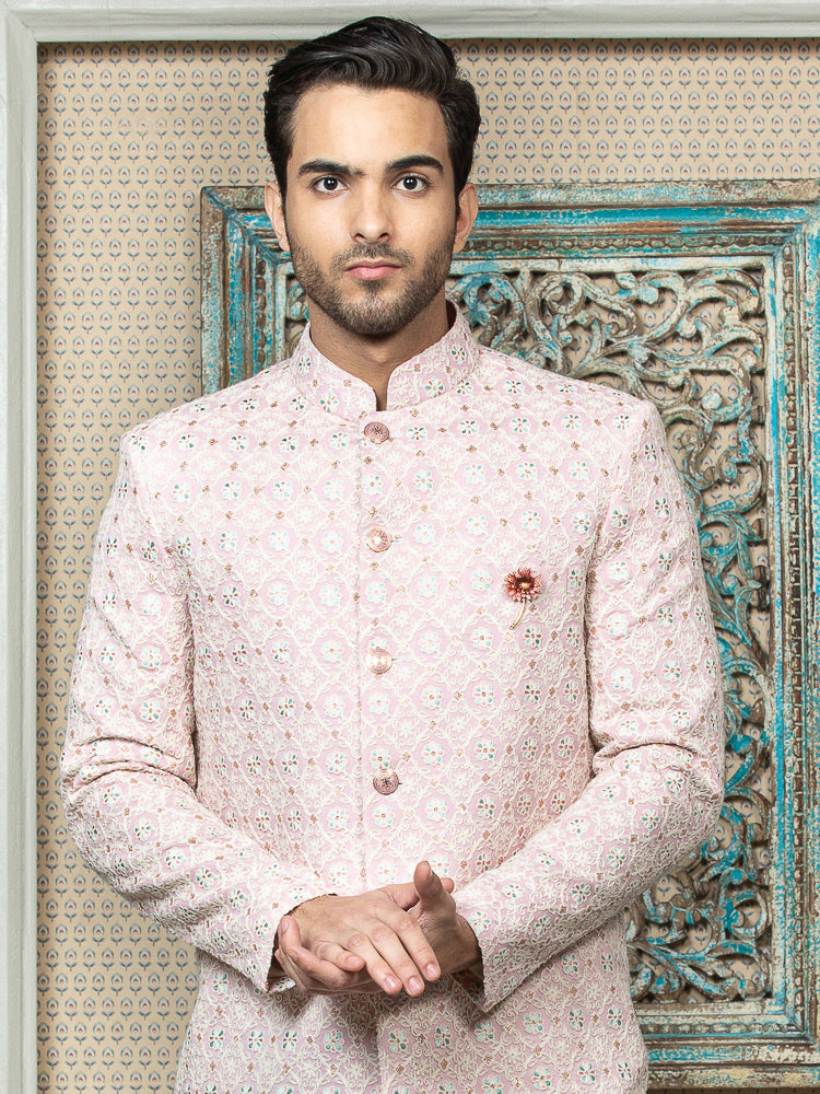 Pink Embroidered Bandhgala Set with Formal Trouser