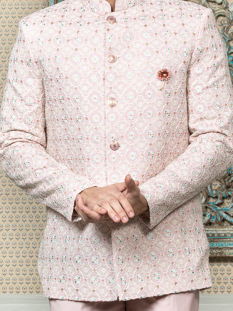 Pink Embroidered Bandhgala Set with Formal Trouser