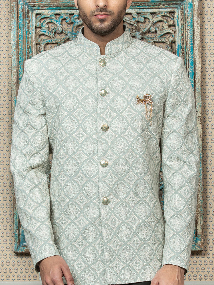 Aqua Embroidered Bandhgala Set with Formal Trouser
