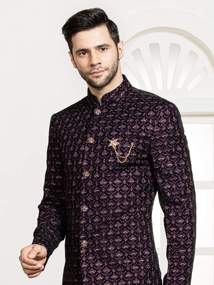 Wine Velvet Embroidered Sherwani Set