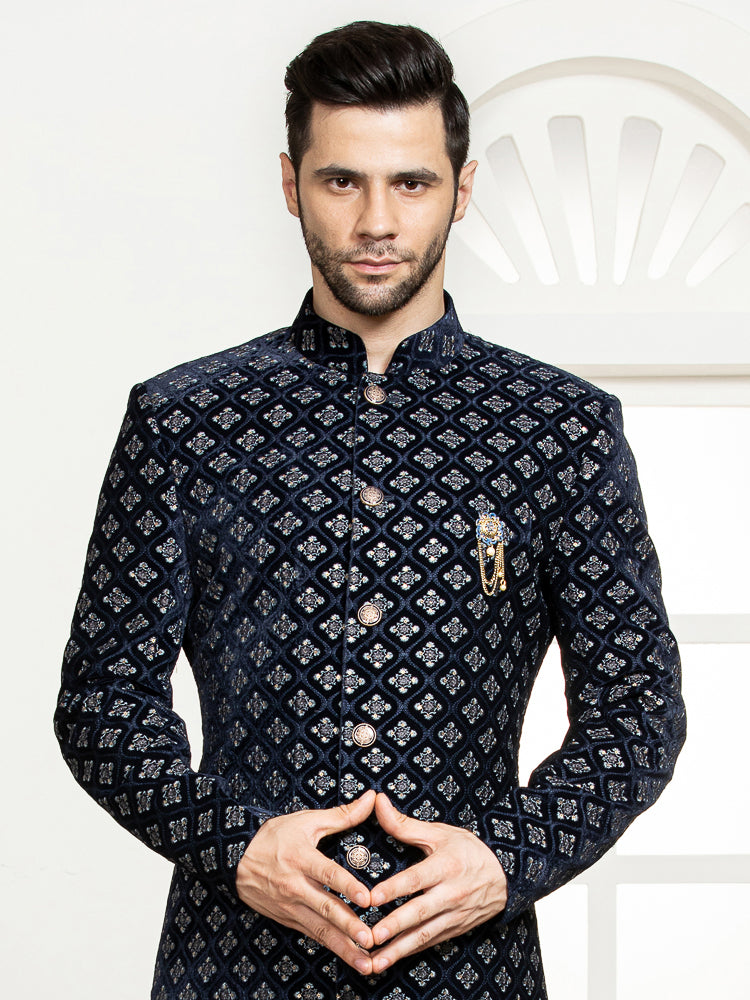 Navy Velvet Embroidered Sherwani Set