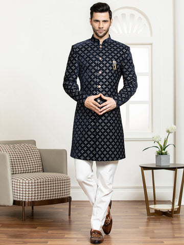 Navy Velvet Embroidered Sherwani Set