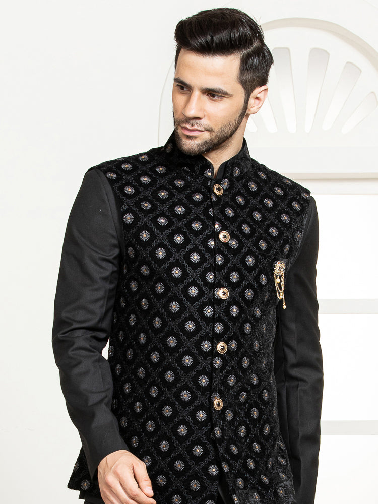 Black Safari Waist Coat Set with Velvet Embroidered Jacket