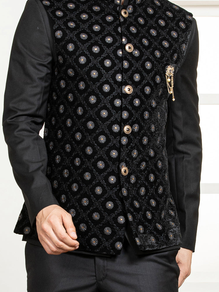 Black Safari Waist Coat Set with Velvet Embroidered Jacket