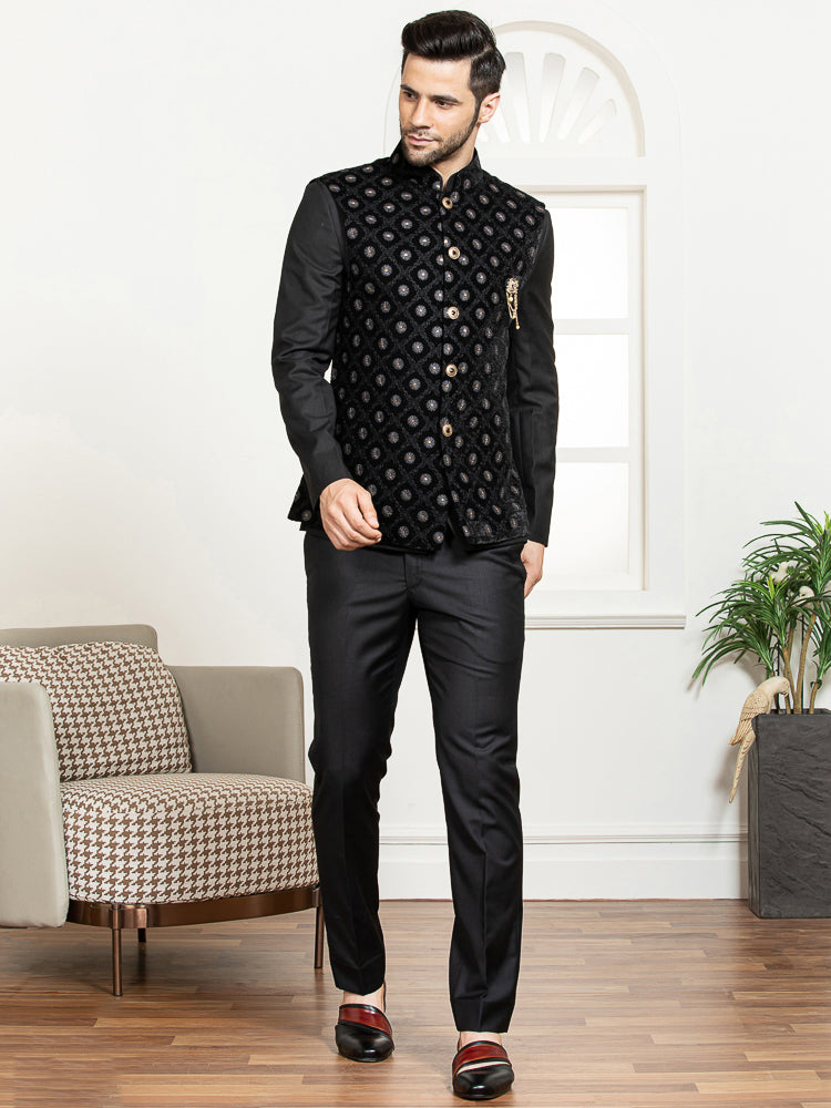 Black Safari Waist Coat Set with Velvet Embroidered Jacket