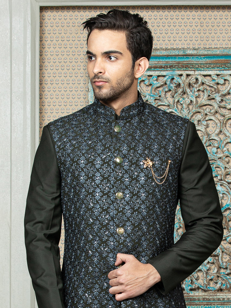 Green Safari Waist Coat Set with Embroidered Jacket