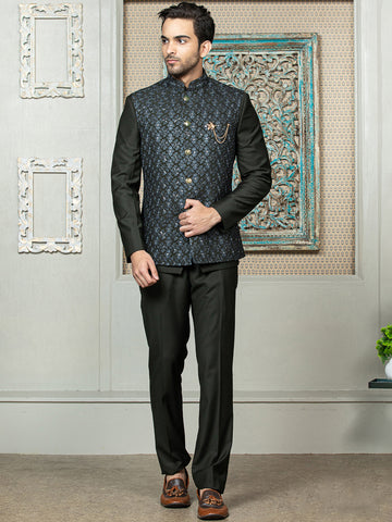 Green Safari Waist Coat Set with Embroidered Jacket