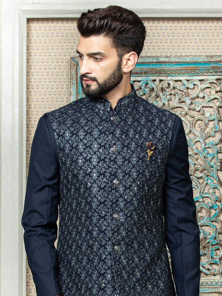 Navy Safari Waist Coat Set with Embroidered Jacket