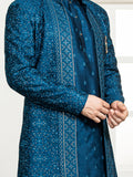 Blue Sherwani Set with Embroidered Kurta & Long Jacket