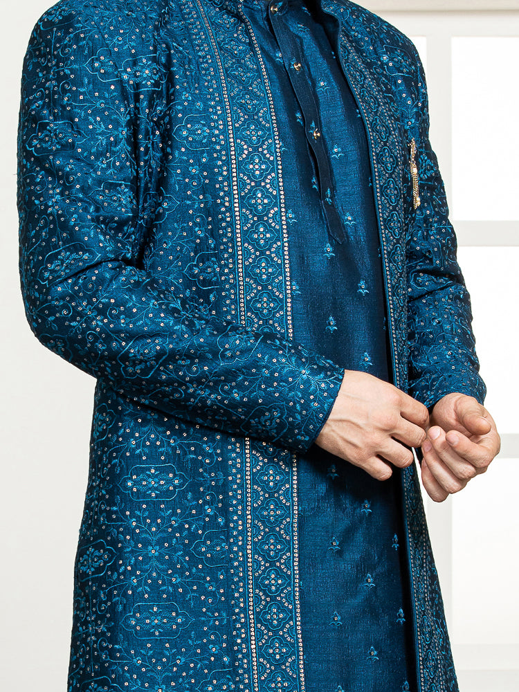 Blue Sherwani Set with Embroidered Kurta & Long Jacket