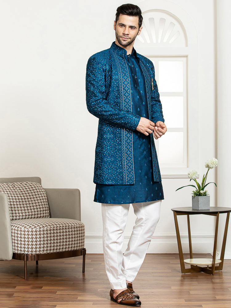 Blue Sherwani Set with Embroidered Kurta & Long Jacket