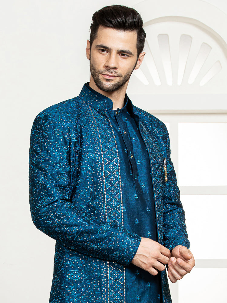 Blue Sherwani Set with Embroidered Kurta & Long Jacket