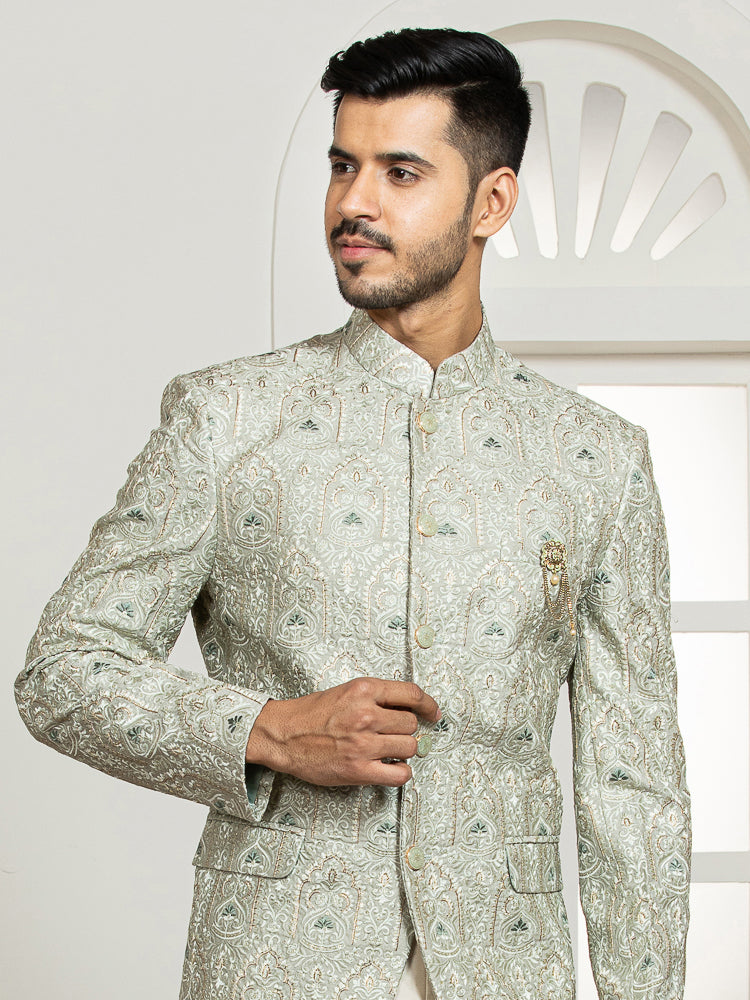 Pista Zari Embroidered Bandhgala Set with Formal Trouser