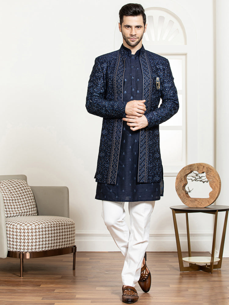 Navy Sherwani Set with Embroidered Kurta & Long Jacket