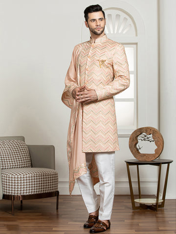 Peach Embroidered Sherwani Set with Dupatta