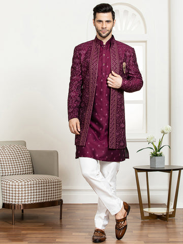 Wine Sherwani Set with Embroidered Kurta & Long Jacket