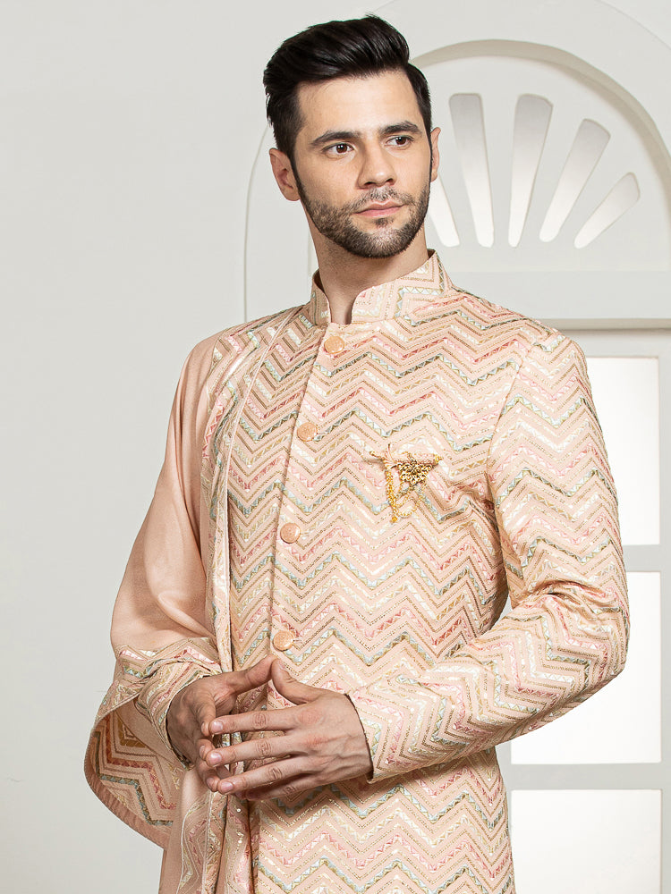 Peach Embroidered Sherwani Set with Dupatta