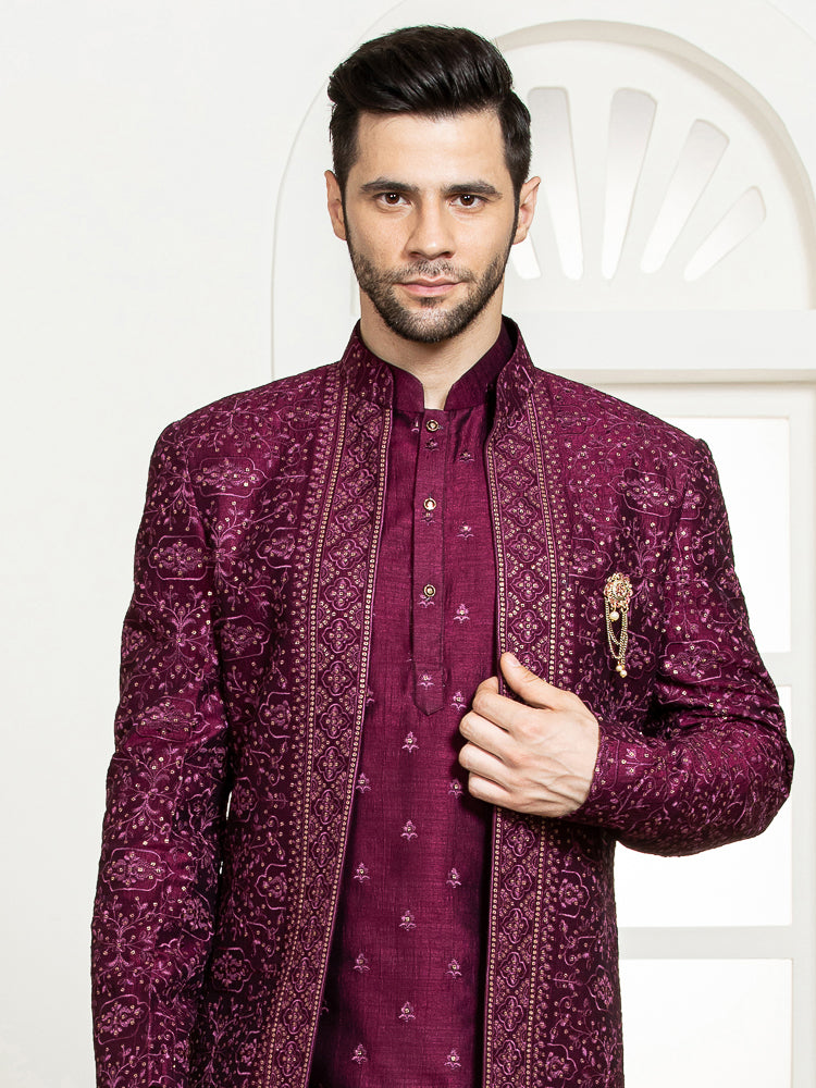 Wine Sherwani Set with Embroidered Kurta & Long Jacket