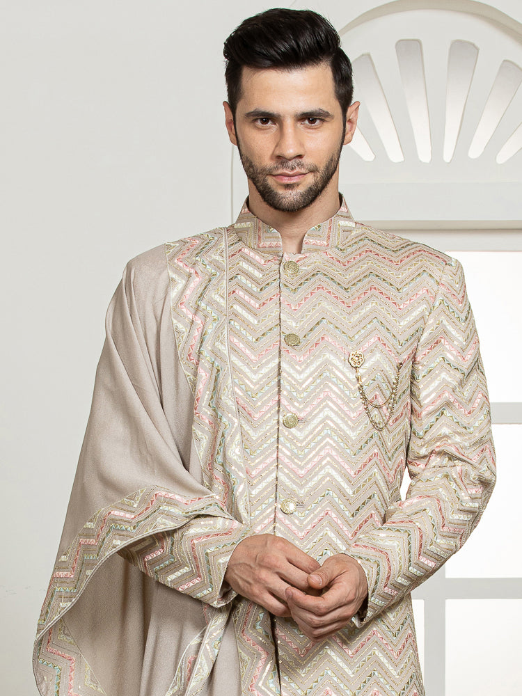 Off-White Embroidered Sherwani Set with Dupatta