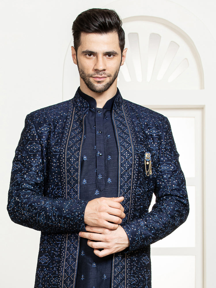 Navy Sherwani Set with Embroidered Kurta & Long Jacket