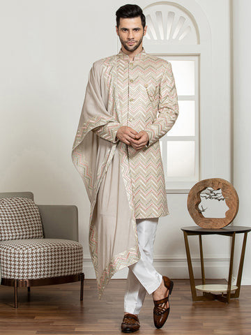 Off-White Embroidered Sherwani Set with Dupatta