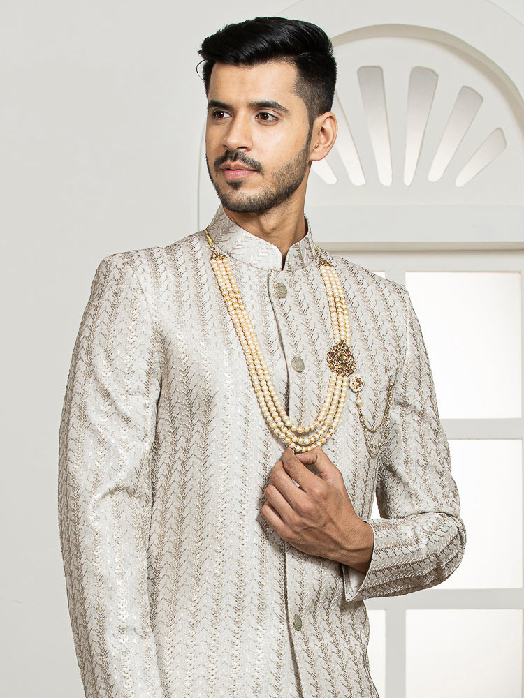 Off-White Embroidered Sherwani Set