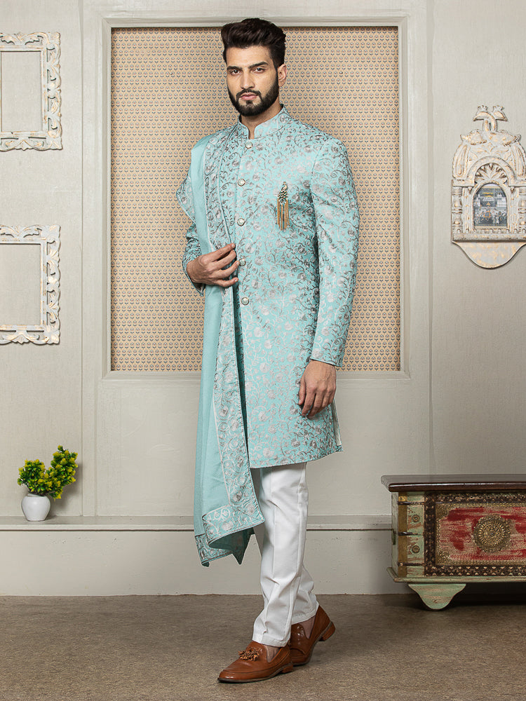 Aqua Embroidered Sherwani Set with Dupatta