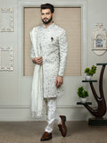 Cream Embroidered Sherwani Set with Dupatta