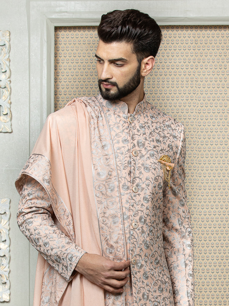 Peach Embroiderd Sherwani Set with Dupatta