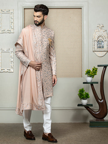 Peach Embroiderd Sherwani Set with Dupatta