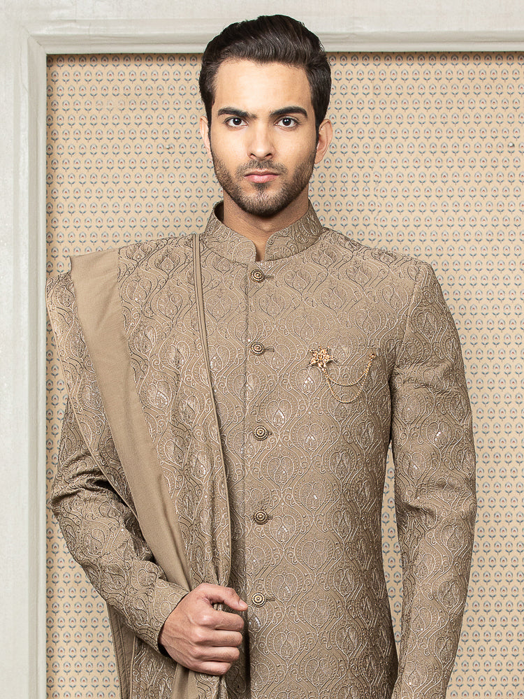 Khaki Embroiderd Sherwani Set with Dupatta