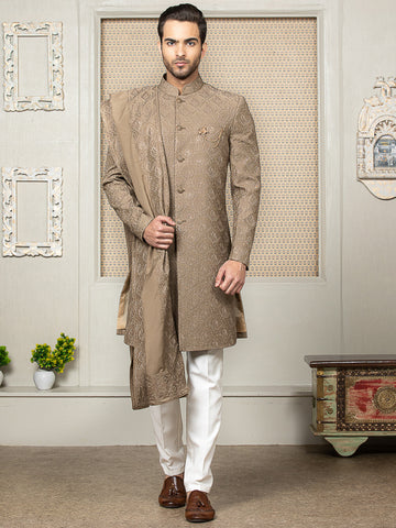 Khaki Embroiderd Sherwani Set with Dupatta