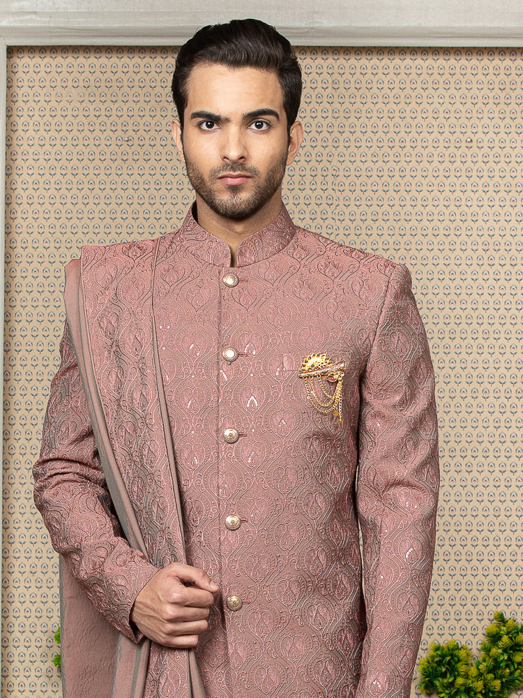 Rust Embroidered Sherwani Set with Dupatta