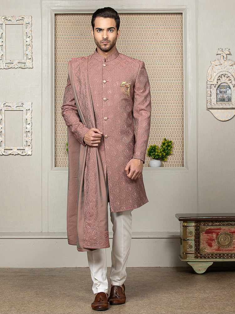 Rust Embroidered Sherwani Set with Dupatta