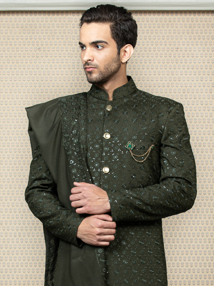 Mehandi Green Embroidered Sherwani Set with Dupatta