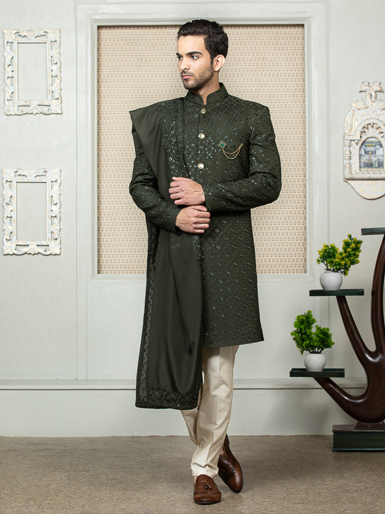 Mehandi Green Embroidered Sherwani Set with Dupatta