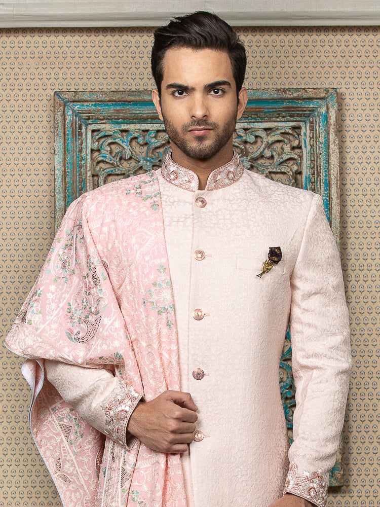 Pink Sherwani Set with Embroidered Dupatta