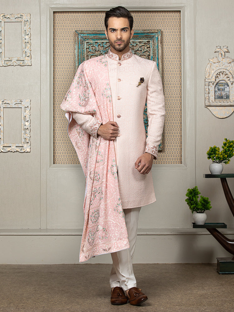 Pink Sherwani Set with Embroidered Dupatta